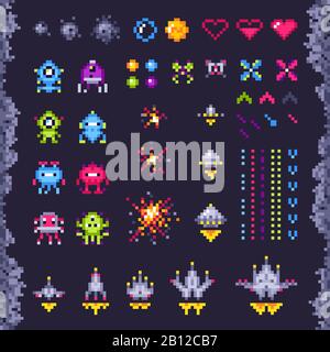 Retro space arcade game. Invaders spaceship, pixel invader monster and retro video games pixel art isolated objects illustration set Stock Vector