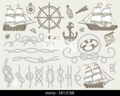 Decorative marine elements. Sea rope frames, sailing boat or nautic ship steering wheel and nautical ropes corners vector set Stock Vector