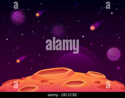 Space asteroid surface. Planet with craters surface, space planets landscape and comet crater cartoon vector illustration Stock Vector