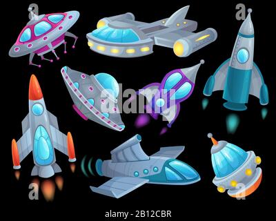 Cartoon spaceship. Futuristic space rocket vehicles, alien flight spacecraft ship ufo and aerospace rocketship isolated vector set Stock Vector