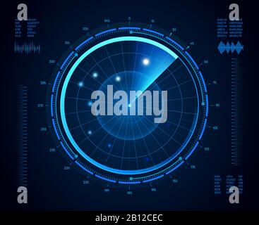 Futuristic radar. Military navigate sonar, army target monitoring screen and radar vision interface map vector isolated concept Stock Vector