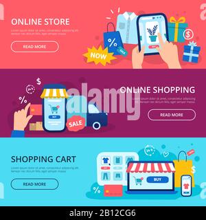 Online shopping banner. Web store credit card, internet shop cart and purchase delivery vector banners set Stock Vector