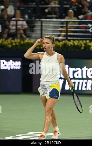 Dubai, UAE. 22nd February 2020. Action from the women's final of the 2020 Dubai Duty Free Tennis Championships. Former champion Simona Halep of Romania faces off against Elena Rybakina of Kazakhstan Stock Photo