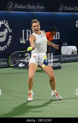 Dubai, UAE. 22nd February 2020. Action from the women's final of the 2020 Dubai Duty Free Tennis Championships. Former champion Simona Halep of Romania faces off against Elena Rybakina of Kazakhstan Stock Photo