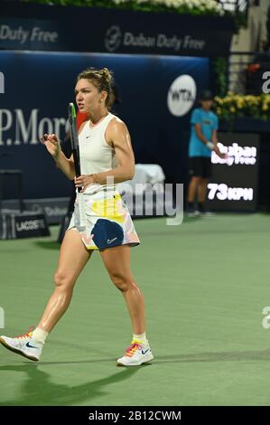 Dubai, UAE. 22nd February 2020. Action from the women's final of the 2020 Dubai Duty Free Tennis Championships. Former champion Simona Halep of Romania faces off against Elena Rybakina of Kazakhstan Stock Photo