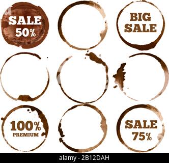 Coffee labels. Watercolor dirty ring stain logo. Vector illustration set Stock Vector