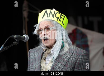 London, UK. 22nd Feb, 2020. Fashion designer Vivienne Westwood speaks to hundreds of activists fighting to stop the extradition of Julian Assange to the United States for committing espionage charges against the American government on Saturday, February 22, 2020 in London. The trial to extradite Julian Assange begins on Monday in London on February 24 2020. Photo by Hugo Philpott/UPI Credit: UPI/Alamy Live News Stock Photo