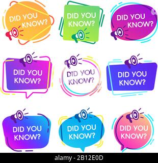 Did you know labels. Interesting facts speech bubbles, knowledge base label and social media faq banner isolated vector badges set Stock Vector