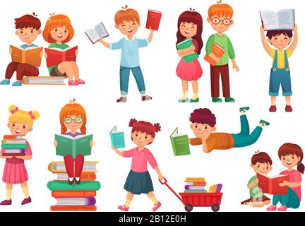 Kids read book. Happy kid reading books, girl and boy learning together and young students isolated cartoon vector illustration Stock Vector