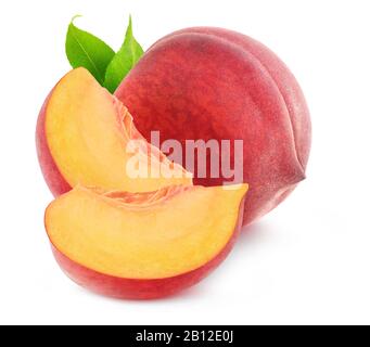 Isolated peaches. Two slices and one whole peach fruit isolated on white background with clipping path Stock Photo