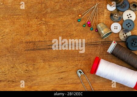 sewing tools and accessories on table Stock Photo