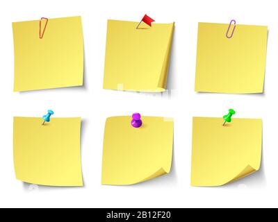Yellow paper notes. Top view note sticker vector set Stock Vector