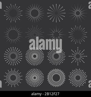 Vintage sunburst. Simple star burst label, retro chalk hands drawn sunbursts frames and firework sparks rays isolated vector set Stock Vector