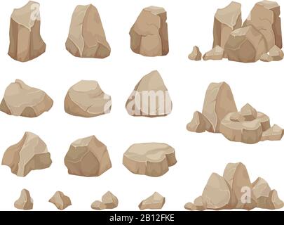 Stone rock. Stones boulder, gravel rubble and pile of rocks cartoon isolated vector set Stock Vector