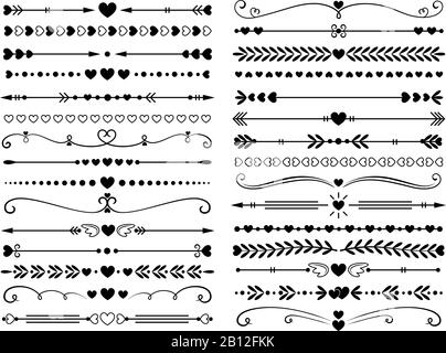 Hearts border divider. Love vintage decorative line separator, heart arrows and dotted separating lines isolated vector set Stock Vector
