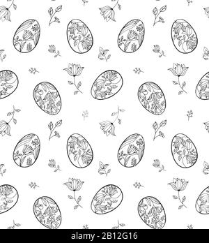 Easter egg seamless hand made pattern. Doddle style. Black white drawing for adult and kid coloring book Stock Vector