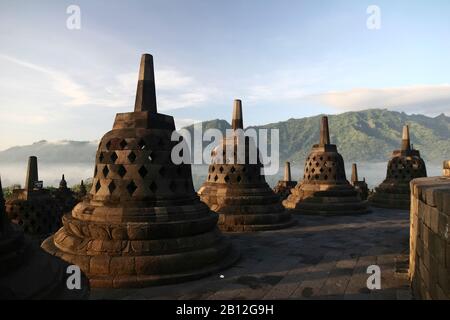 Stupas in the Buddhist temple complex Borobudur,Java Island,Indonesia Stock Photo