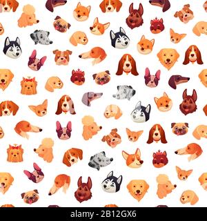Seamless dogs faces. Funny dog face, puppy pet head and animals group vector background pattern Stock Vector