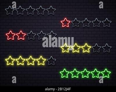 Neon five stars. Golden illuminated star neons lamps vector illustration Stock Vector