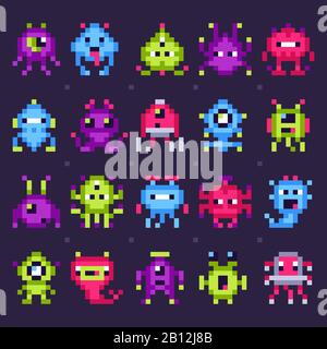 Pixel space monsters. Arcade video games robots, retro game invaders pixel art isolated vector set Stock Vector