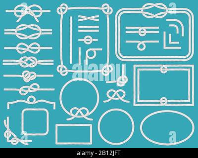 Marine rope frame. Vintage nautical sling corners, boat ropes and navy knots frames isolated vector set Stock Vector