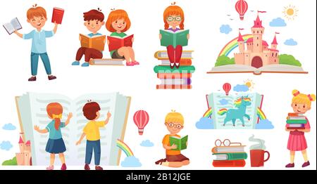 Kids reading book. Cartoon child library, happy kid read books and book stack isolated vector illustration Stock Vector