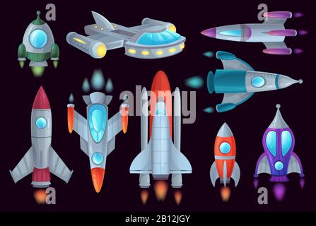 Cartoon rockets. Space rocketship, aerospace rocket and spacecraft ship isolated vector illustration set Stock Vector