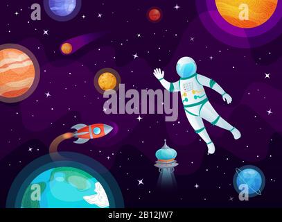 Cosmonaut in space. Astronaut spacecraft rocket in open space, universe planets and planetary cartoon vector background illustration Stock Vector