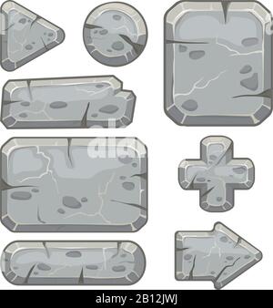 Stone frame. Rubble rocks banner, stones block arrows and gravel rock tablet frames isolated vector set Stock Vector