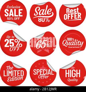 Sale sticker. Shopping tag label, red on sale stickers with bent edge and price off labels isolated vector set Stock Vector