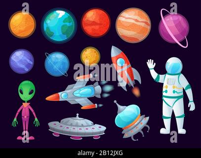 Space items. Alien ufo, universe planet and missile rockets. Planets game design cartoon graphics vector item set Stock Vector