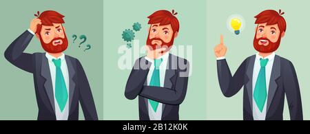 Thoughtful man. Male ask questions, doubt or confused and found question answer. Thinking serious decision cartoon vector illustration Stock Vector