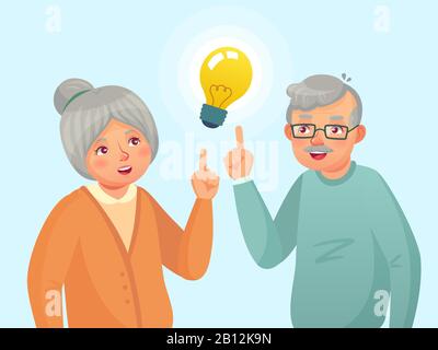 Seniors idea. Old people couple have idea, elderly senior thinking issue. Grandfather and grandmother cartoon vector illustration Stock Vector