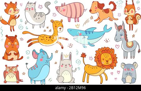 Cute hand drawn animals. Friendship animal funny doodle cat, decorative adorable fox and baby bear isolated vector illustration set Stock Vector