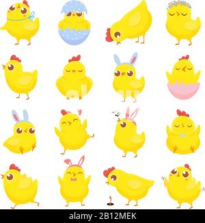 Easter chicks. Spring baby chicken, cute yellow chick and funny chickens isolated cartoon vector illustration set Stock Vector