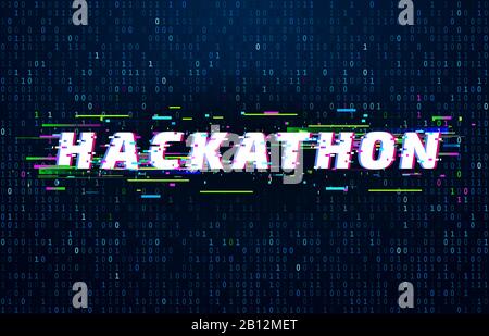 Hackathon background. Hack marathon coding event, glitch poster and saturated binary data code flux vector background illustration Stock Vector