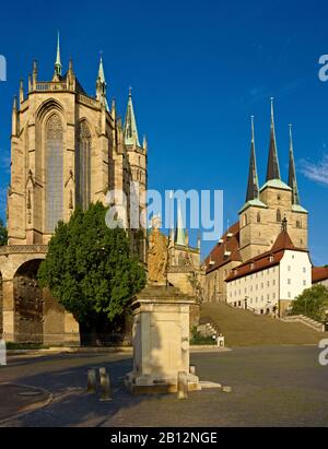 Minerva Fountain at Domplatz,St Mary's cathedral and St Severus church,Erfurt,Thuringia,Germany Stock Photo