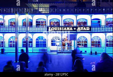 Blue Port 2010,historic paddle steamer Louisiana Star illuminated with blue neon light,art project by Michael Batz,Landungsbruecken Landing Bridges,Fish Market,Mitte,Hanseatic City of Hamburg,Germany,Europe Stock Photo