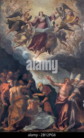 FERRARA, ITALY - JANUARY 30, 2020: The Assumption scene - paint on the ceiling of  in church Chiesa di Santa Maria in Vado by Domenico Mona. Stock Photo