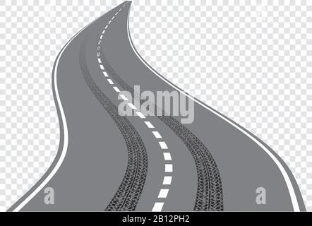 Winding road with tire tracks intersect with road markings. Stock Vector