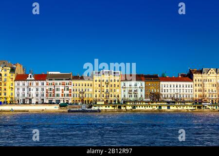 View of the city's east riverbank, Danube River, row of houses, Budapest, Hungary Stock Photo