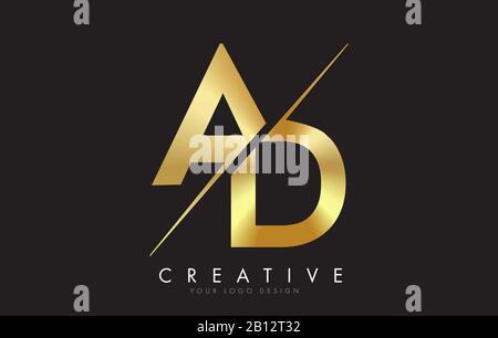 AD A D Golden Letter Logo Design with a Creative Cut. Creative logo design with Black Circle Background. Stock Vector