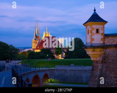 Bay with watchpoint of Petersberg Citadel with St. Mary's Cathedral and St. Severus church,Erfurt,Thuringia,Germany Stock Photo