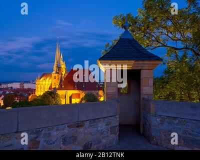 Bay with watchpoint of Petersberg Citadel with St. Mary's Cathedral and St. Severus church,Erfurt,Thuringia,Germany Stock Photo
