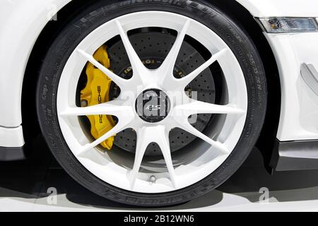 Detail front wheel PORSCHE 911 GT3 RS 4.0,sports car,ceramic brakes,International Motor Show IAA 2011,Frankfurt,Hesse,Germany,Europe Stock Photo