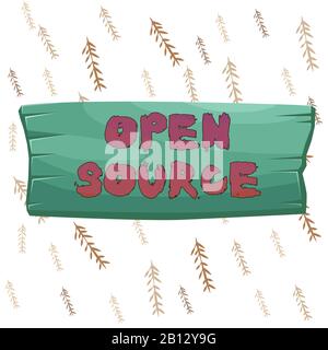 Handwriting text writing Open Source. Conceptual photo denoting software which original source code is made free Plank wooden board blank rectangle sh Stock Photo
