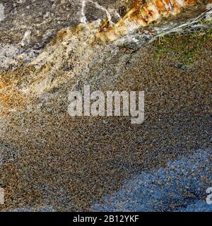 Abstract colour photograph of coastal rock the image is a colour abstract with a near impressionism style containing rock plant and sand patterns with Stock Photo