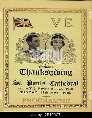 End of WWII - V E DAY (Victory in Europe) Souvenir  National Thanksgiving service programme at St Paul's Cathedral (also attended by Winston and Clementine Churchill)   at St Paul's Cathedral, London, England (and the  A.T.C. Review in Hyde Park) on Sunday, 13th May 1945. Stock Photo