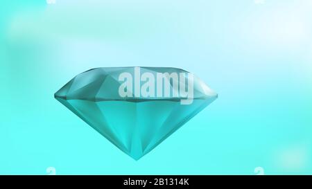 Turquoise faceted diamond. Light background, light flare on the edges. Stock Vector
