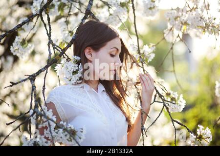 Portrait of a young woman with cherry blossoms Stock Photo